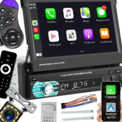 RADIO SAMOCHODOWE ODTWARZACZ 1DIN 7'' BT WYSUWANY EKRAN DOTYKOWY APPLE CARPLAY ANDROID AUTO MIRROR LINK KAMERA COFANIA