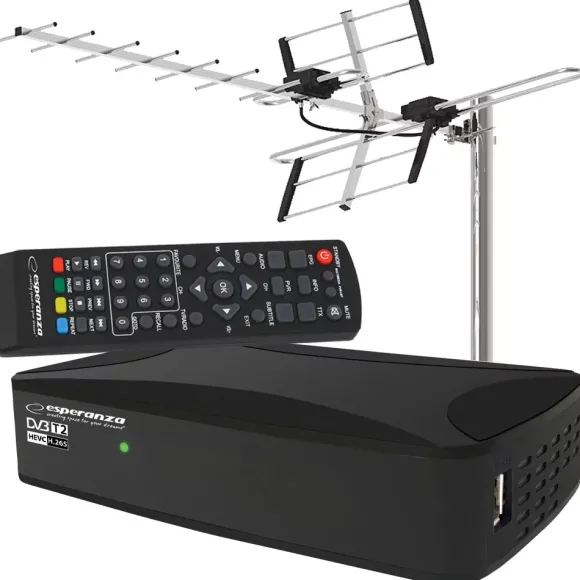Tuner Cyfrowy Esperanza Ev108R Dvb-T/T2 H.265/Hevc + Antena Kierunkowa Vhf/Uhf Mux8 Atd31S