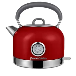 Zestaw melomana: retro radio chrom z głośnikiem Bluetooth i retro czajnik elektryczny z termometrem Vintage Cuisine - czerwony